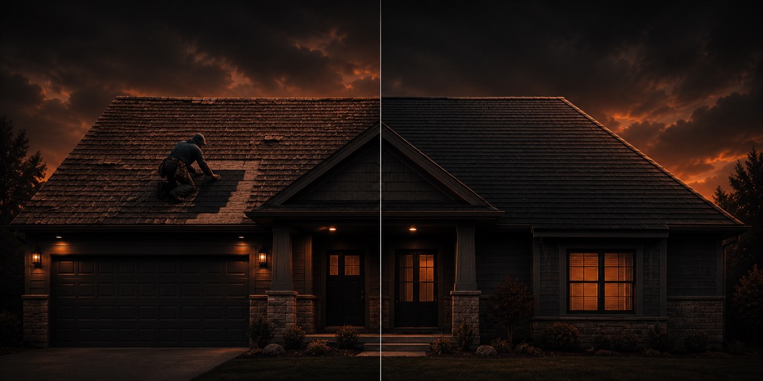 One home shown two ways: a targeted roof repair on the left, a full roof replacement on the right