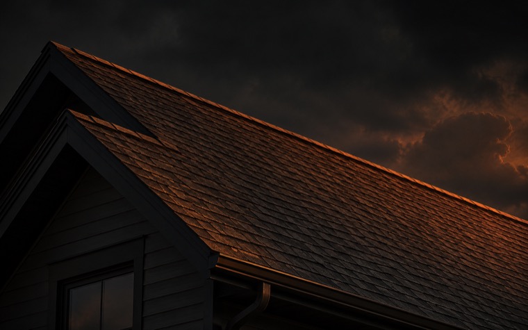 Roof at dusk with warm light on the shingles