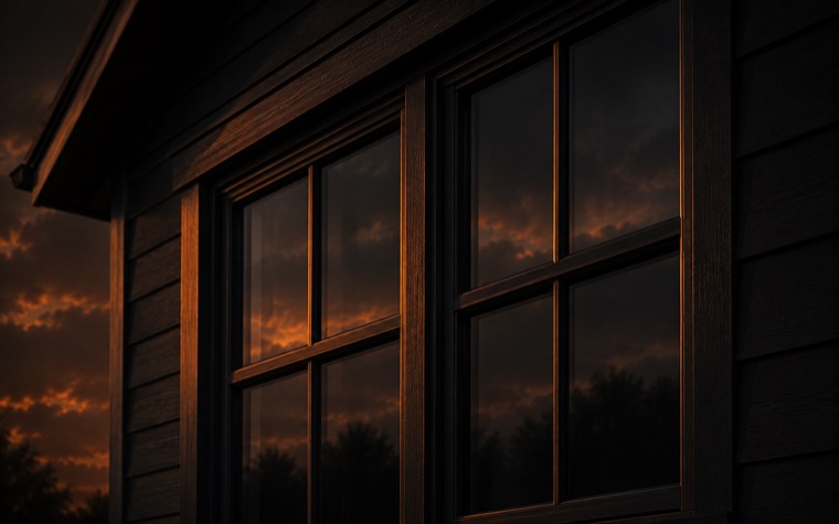 Residential windows at dusk with warm light in the glass
