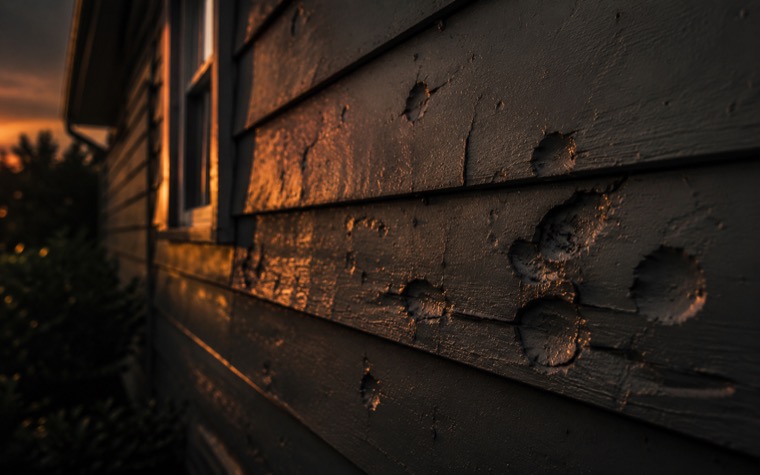 Close-up of hail-damaged siding with cracks and dents at dusk
