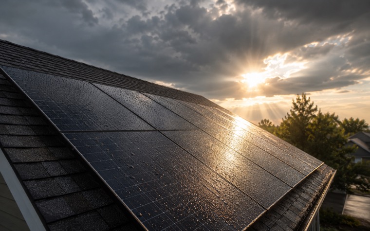 Solar panels on a roof after a storm with sunlight breaking through